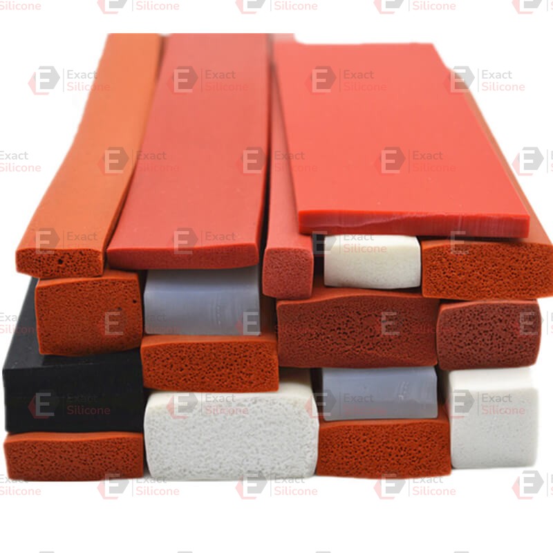 Closed-cell silicone sponge seals and strips in red, black, white and grey